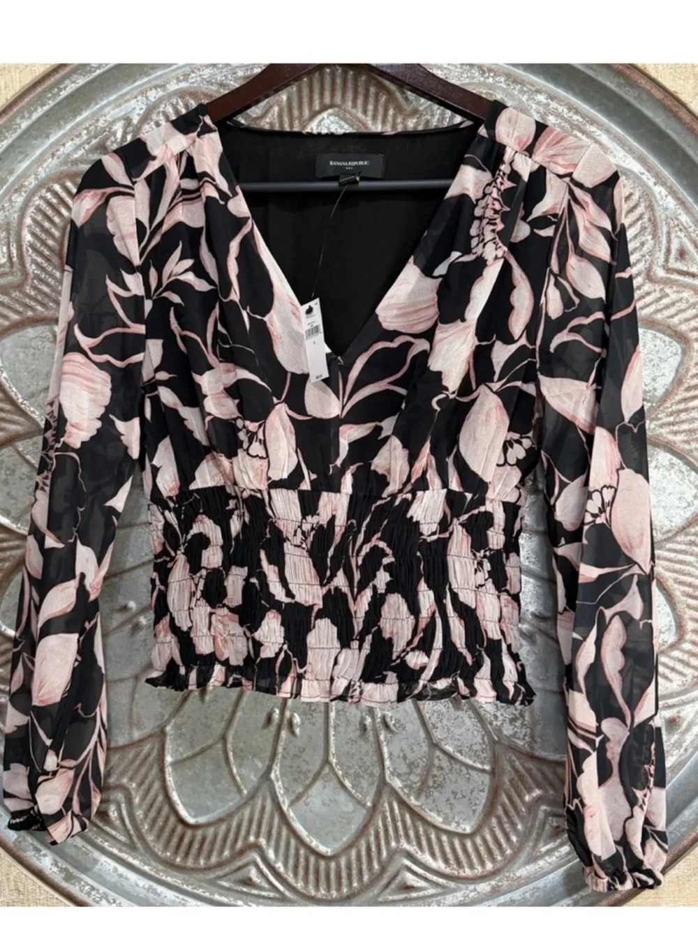 NWT Banana Republic Black Blouse with Pale Pink Floral Design & Sheer Sleeves